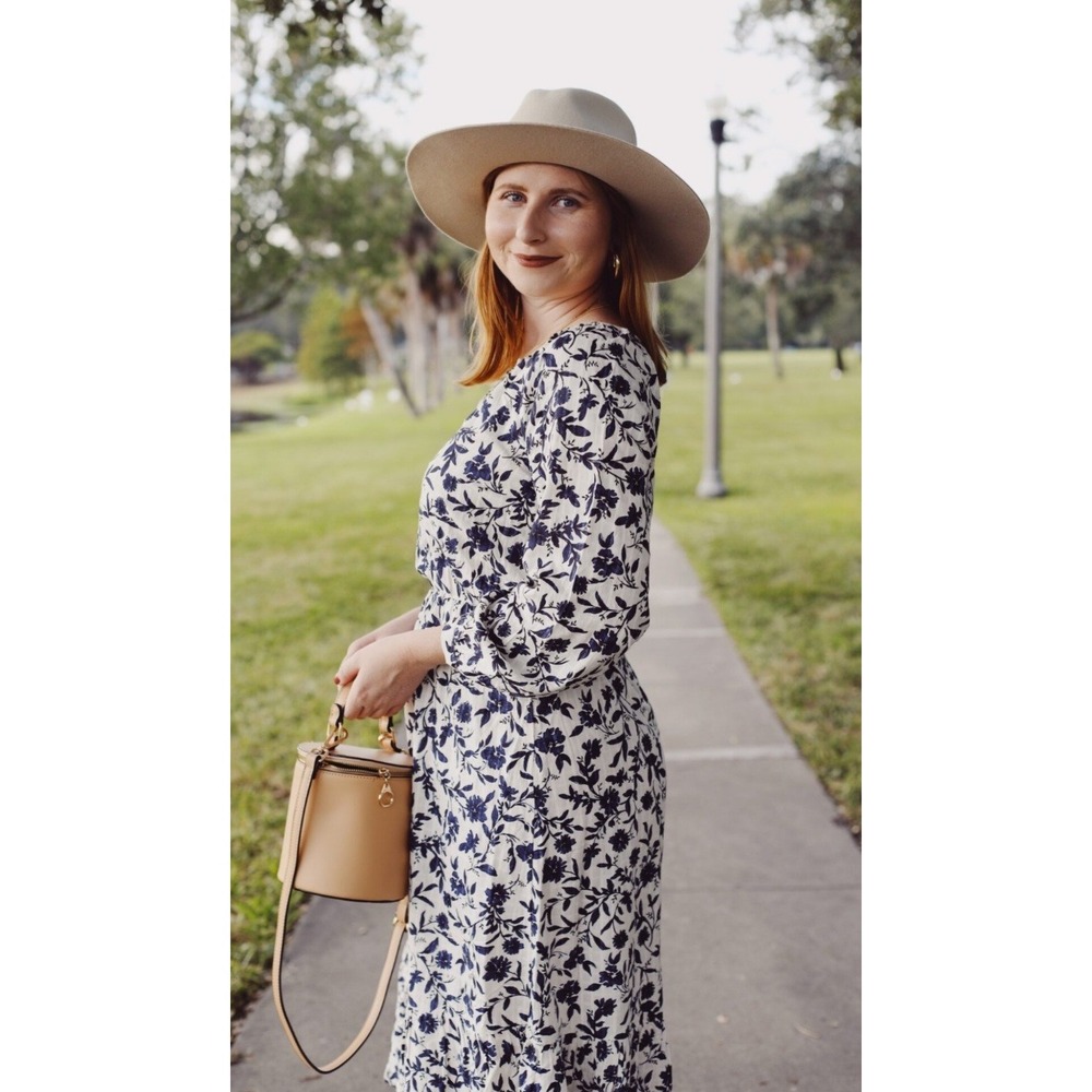 Old Navy Floral Midi Dress Women L White Blue Tiered Elastic Waist